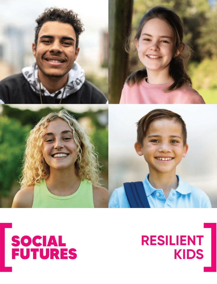 Resilient Kids graphic, young First Nations man, young primary school girl pink jumper dark hair, teenage Girl with blonde hair, young primary school boy smiling in blue school uniform, Resilient Kids, and Social Futures logos