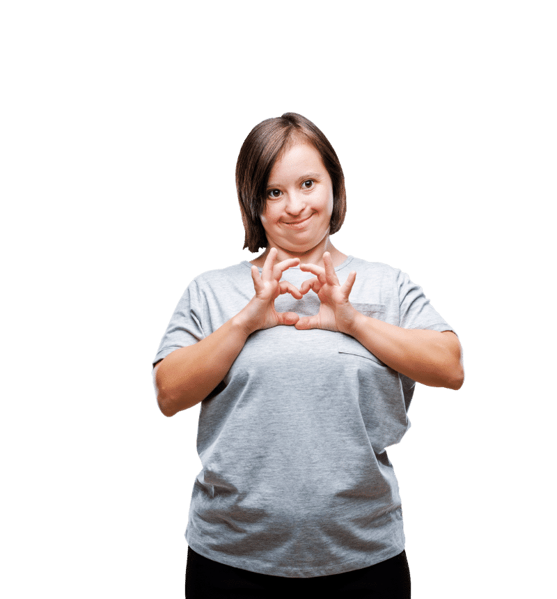 young woman, smiling, love heart hands