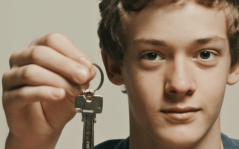 A teenage boy holds up house keys