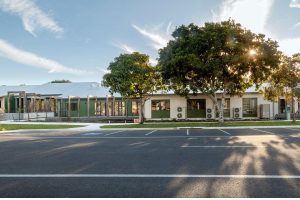 Wordsworth St Main Entrance and Café Terrace, Byron CoLab building, gum tree in front