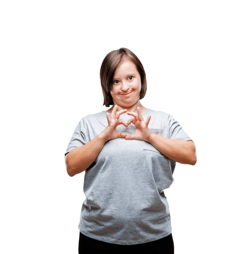 young woman, smiling, love heart hands
