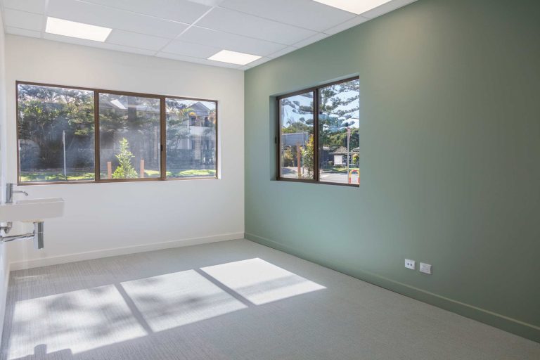 Tenancy 5C looking to Shirley St, office space interior with green wall
