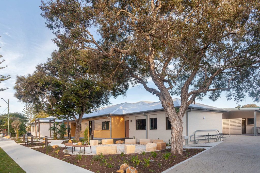 Shirley St view of Yarning Circle and Byron CoLab on Arakwal Country, gum tree in the front
