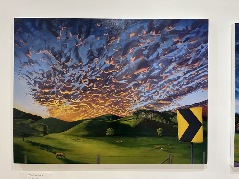 Sandra Guy green cauldron Murwillumbah painting with golden mackerel clouds
