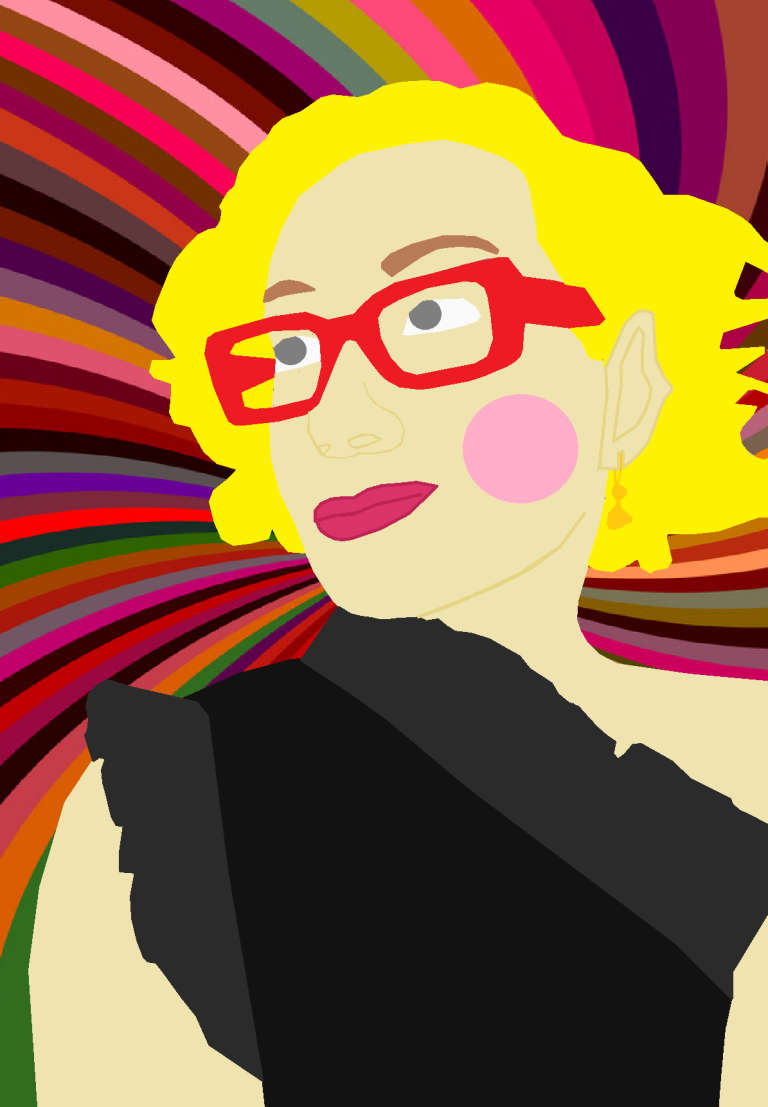 Art Without Limits artist Riley Treloar's artwork Beverly, a blond woman wearing red glasses
