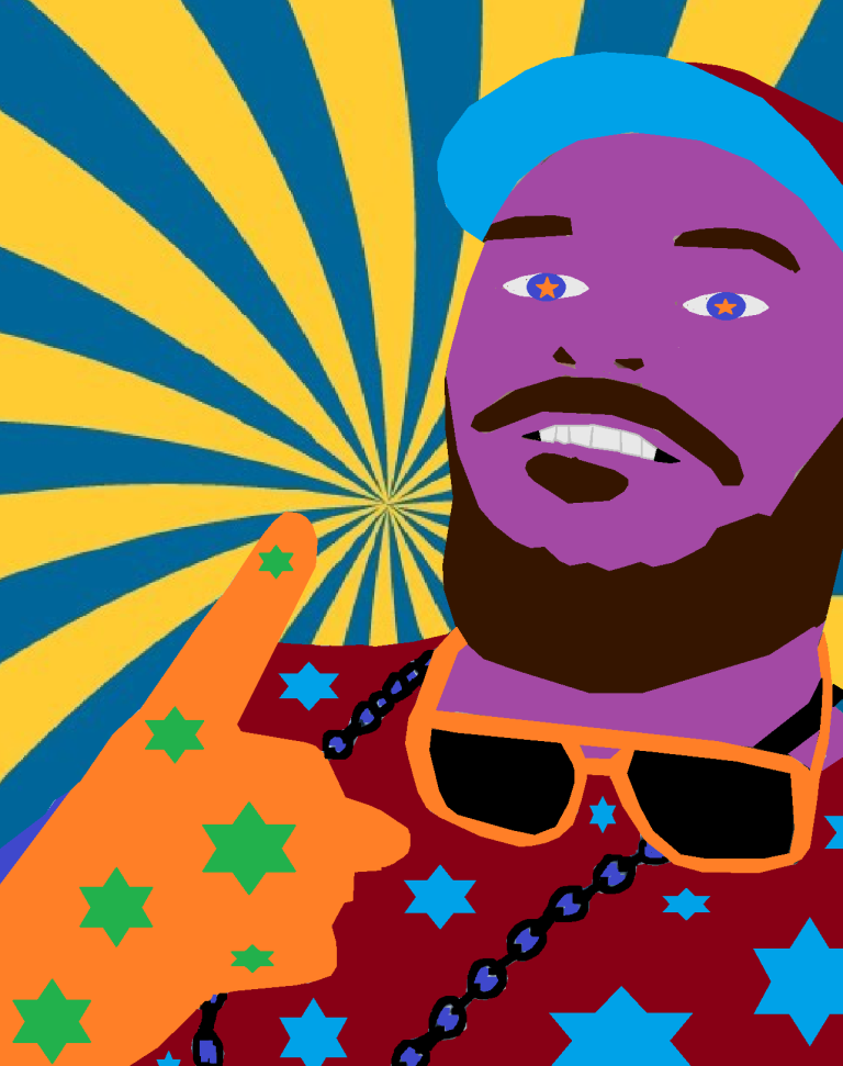 Art Without Limits artist Riley Treloar's artwork Dan, a smiling bearded man with purple face and orange sunglasses