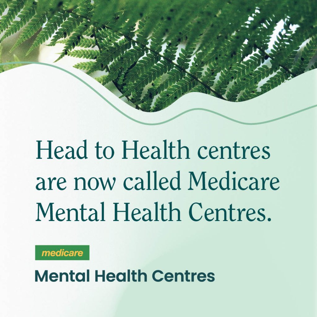 Head to Health Centres are now called Medicare Mental Health Centres logo and palm frond 