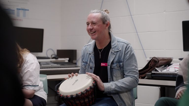 The Indie Project facilitator Dom Shelley playing drum