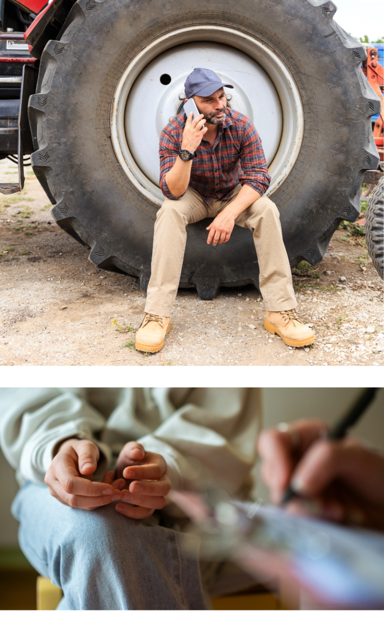 Minor sitting on a large tyre on the phone, looking distressed