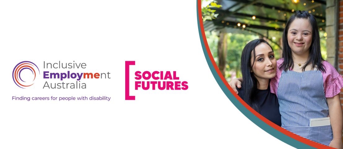 Shows two women, one with Cerebral Palsy and the IEA and Social Futures logos